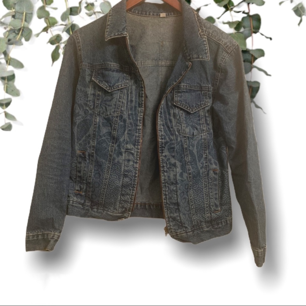 Floral Print Jean Jacket with Patchwork